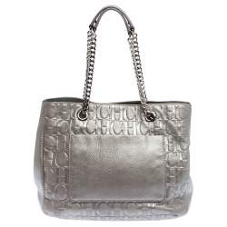 Pre Owned Carolina Herrera Silver Monogram Leather Audrey Tote