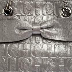 Pre Owned Carolina Herrera Silver Monogram Leather Audrey Tote