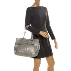 Pre Owned Carolina Herrera Silver Monogram Leather Audrey Tote