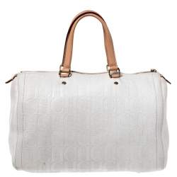 Carolina Herrera Cream/Tan Monogram Leather Large Andy Boston Bag