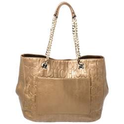 Pre Owned Carolina Herrera Gold Monogram Leather Audrey Tote