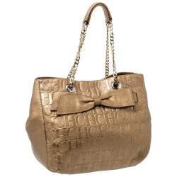 Pre Owned Carolina Herrera Gold Monogram Leather Audrey Tote