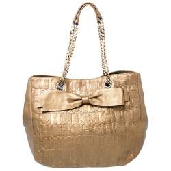 Pre Owned Carolina Herrera Gold Monogram Leather Audrey Tote