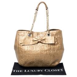 Pre Owned Carolina Herrera Gold Monogram Leather Audrey Tote
