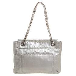 Pre Owned Carolina Herrera Silver Monogram Leather Audrey Shoulder Bag
