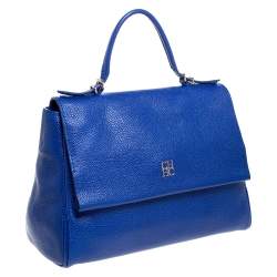 Pre Owned Carolina Herrera Blue Leather Minuetto Flap Top Handle Bag