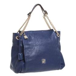 Pre Owned Carolina Herrera Blue Leather Crystal Embellished Lock and Logo Chain Bag