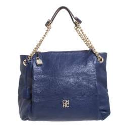 Pre Owned Carolina Herrera Blue Leather Crystal Embellished Lock and Logo Chain Bag