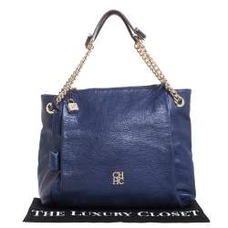 Pre Owned Carolina Herrera Blue Leather Crystal Embellished Lock and Logo Chain Bag