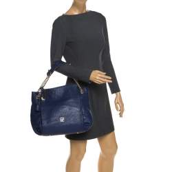 Pre Owned Carolina Herrera Blue Leather Crystal Embellished Lock and Logo Chain Bag