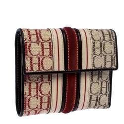 Pre Owned Carolina Herrera Tri Color Signature Canvas, Suede and Leather Trifold Wallet 