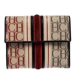 Pre Owned Carolina Herrera Tri Color Signature Canvas, Suede and Leather Trifold Wallet 