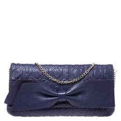 Pre Owned Carolina Herrera Purple Monogram Embossed Leather Bow Shoulder Bag