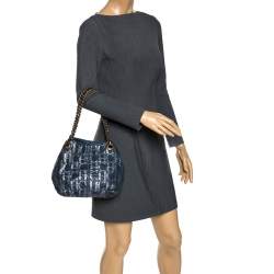 Pre Owned Carolina Herrera Blue Monogram Leather Chain Shoulder Bag