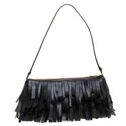 Pre Owned Carolina Herrera Black Leather Fringe Pochette Bag
