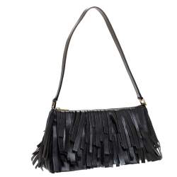 Pre Owned Carolina Herrera Black Leather Fringe Pochette Bag