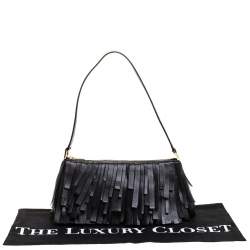 Pre Owned Carolina Herrera Black Leather Fringe Pochette Bag