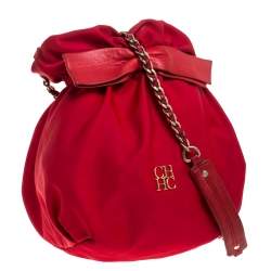 Pre Owned Carolina Herrera Red Nylon and Leather Bow Bucket Bag