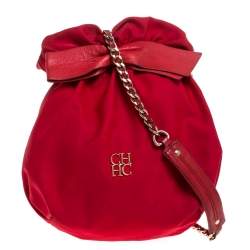 Pre Owned Carolina Herrera Red Nylon and Leather Bow Bucket Bag