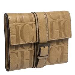 Pre Owned Carolina Herrera Beige Monogram Leather Buckle Flap Compact Wallet