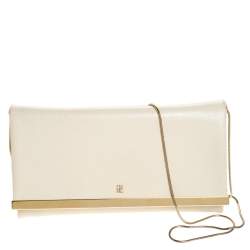 Pre Owned Carolina Herrera Light Cream Leather Flap Chain Clutch