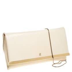 Pre Owned Carolina Herrera Light Cream Leather Flap Chain Clutch