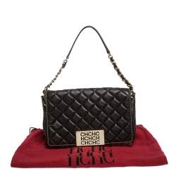 Pre Owned Carolina Herrera Dark Brown Quilted and Monogram Canvas and Leather Logo Flap Shoulder Bag