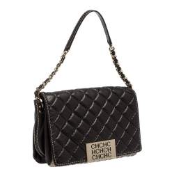 Pre Owned Carolina Herrera Dark Brown Quilted and Monogram Canvas and Leather Logo Flap Shoulder Bag