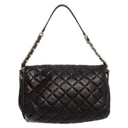 Pre Owned Carolina Herrera Dark Brown Quilted and Monogram Canvas and Leather Logo Flap Shoulder Bag