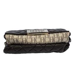 Pre Owned Carolina Herrera Dark Brown Quilted and Monogram Canvas and Leather Logo Flap Shoulder Bag