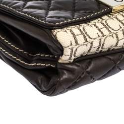Pre Owned Carolina Herrera Dark Brown Quilted and Monogram Canvas and Leather Logo Flap Shoulder Bag