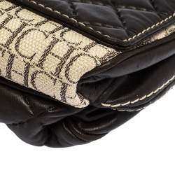 Pre Owned Carolina Herrera Dark Brown Quilted and Monogram Canvas and Leather Logo Flap Shoulder Bag