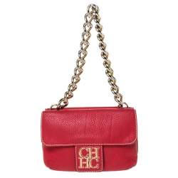 Pre Owned Carolina Herrera Red Leather Double Flap Chain Bag