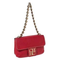 Pre Owned Carolina Herrera Red Leather Double Flap Chain Bag
