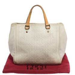 Pre Owned  Carolina Herrera White Monogram Embossed Leather Tote