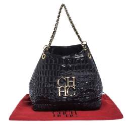 Pre Owned Carolina Herrera Puple Croc Embossed Patent Leather Tote