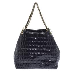 Pre Owned Carolina Herrera Puple Croc Embossed Patent Leather Tote