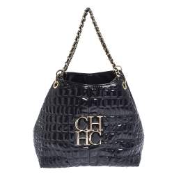 Pre Owned Carolina Herrera Puple Croc Embossed Patent Leather Tote