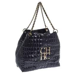 Pre Owned Carolina Herrera Puple Croc Embossed Patent Leather Tote