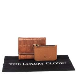 Carolina Herrera Brown Embossed Leather Trifold Compact Wallet