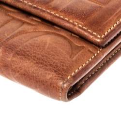 Carolina Herrera Brown Embossed Leather Trifold Compact Wallet