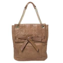 Pre Owned Carolina Herrera Light Brown Embossed Leather Bow Flap Hobo