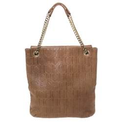 Pre Owned Carolina Herrera Light Brown Embossed Leather Bow Flap Hobo