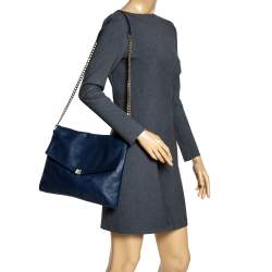 Pre Owned Carolina Herrera Blue Leather Flap Shoulder Bag