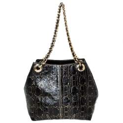 Pre Owned Carolina Herrera Black/Gold Monogram Patent Leather Chain Shoulder Bag