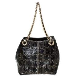 Pre Owned Carolina Herrera Black/Gold Monogram Patent Leather Chain Shoulder Bag