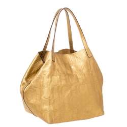Pre Owned Carolina Herrera Gold Monogram Leather Matryoshka Tote