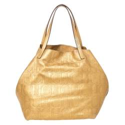 Pre Owned Carolina Herrera Gold Monogram Leather Matryoshka Tote