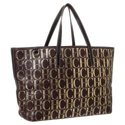 مملوكة مسبقًا Carolina Herrera Brown/Gold Monogram Leather Shopper Tote