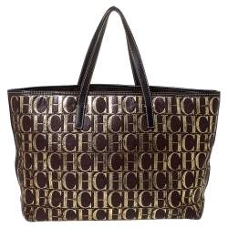 مملوكة مسبقًا Carolina Herrera Brown/Gold Monogram Leather Shopper Tote